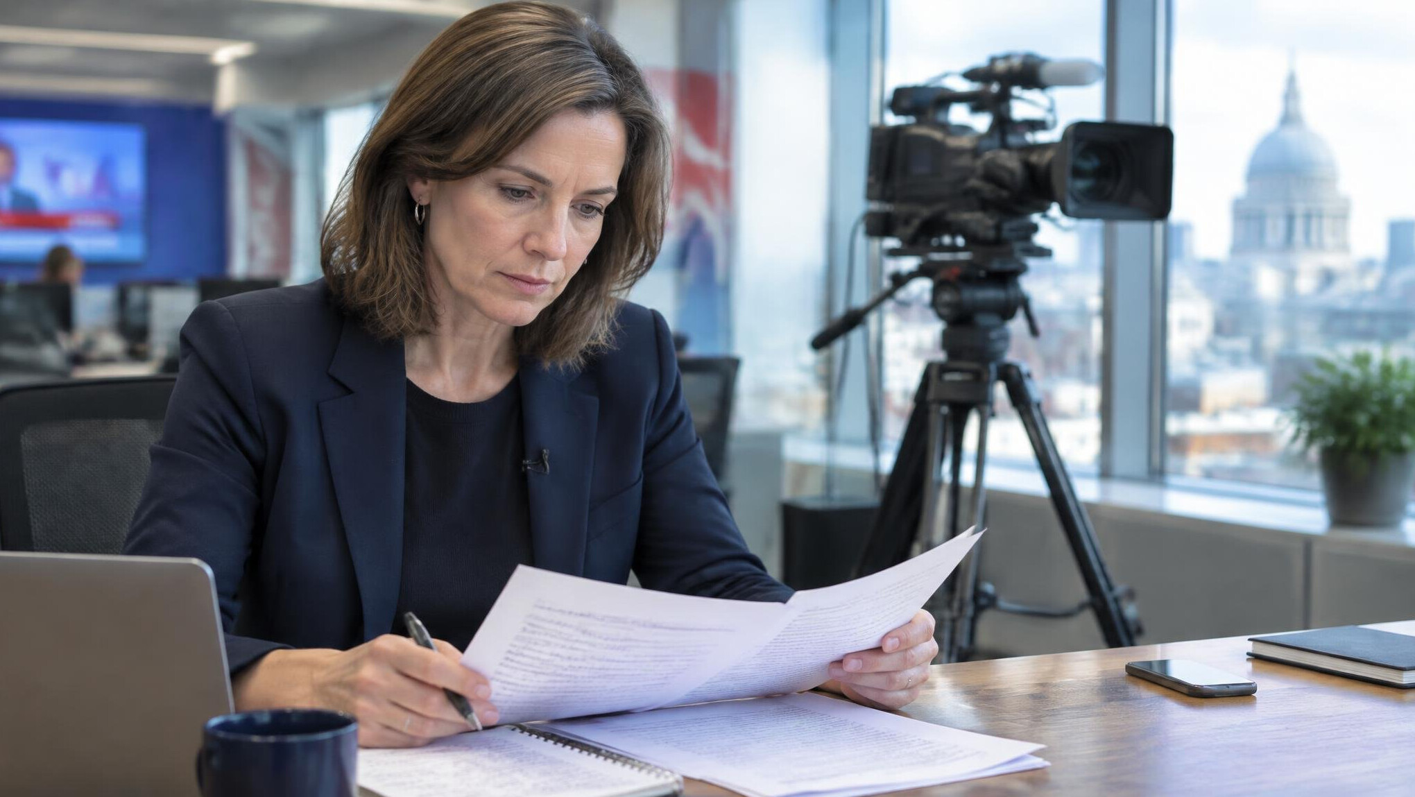 Journalist reviewing interview notes at a desk beside a broadcast camera