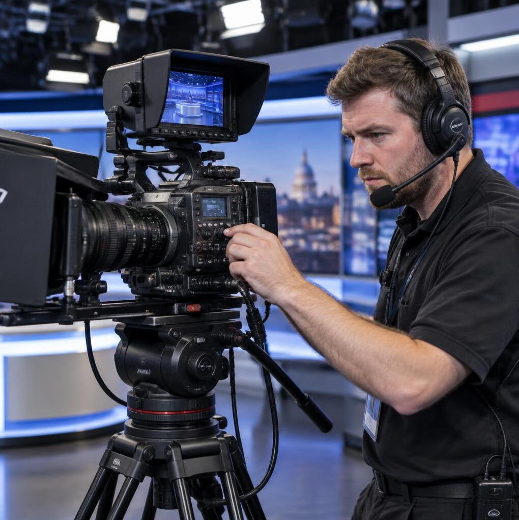 Camera operator adjusting a broadcast camera on a tripod in a studio