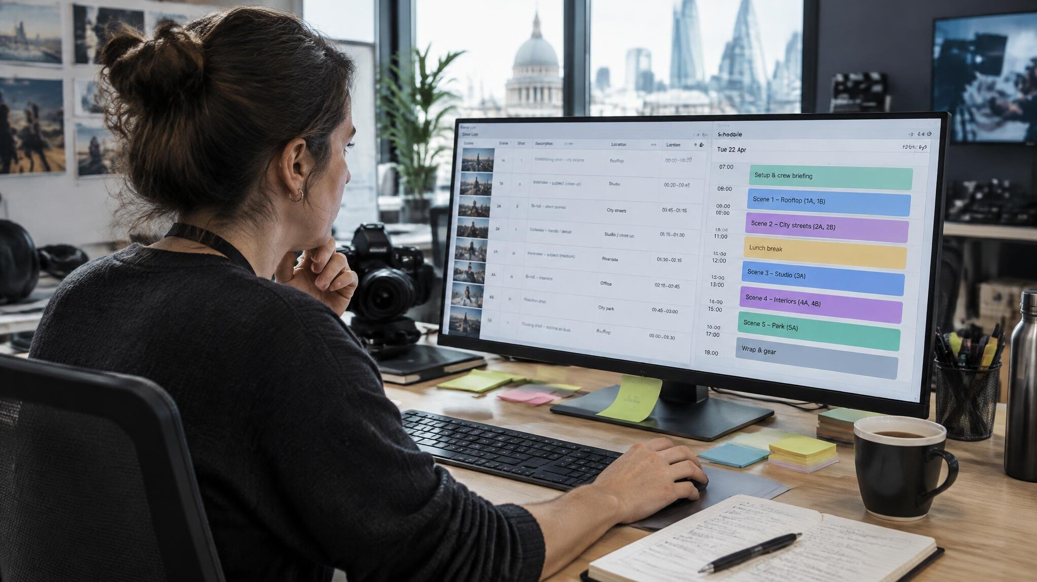 Media producer organising a shot list on a monitor at a production desk