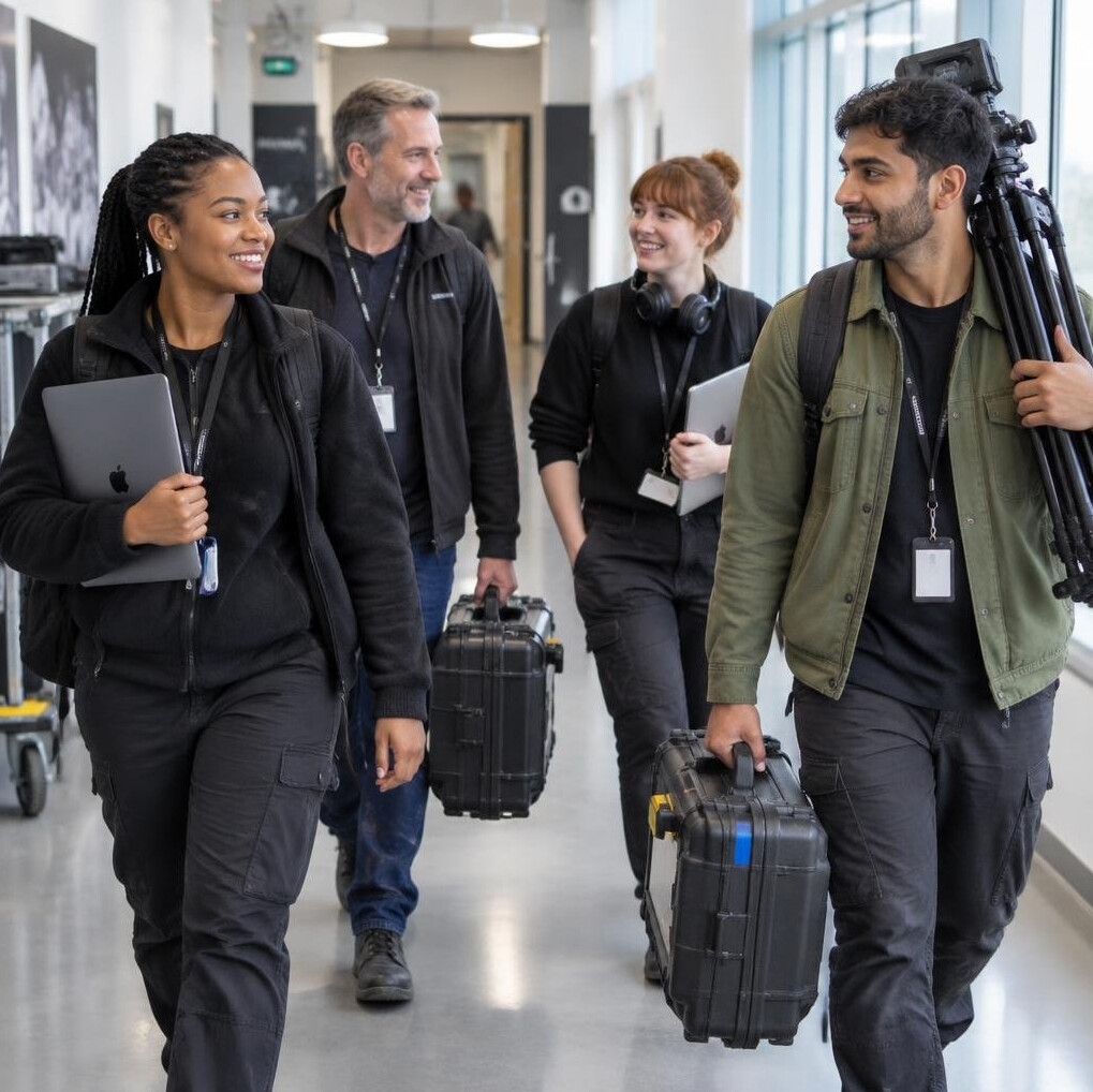 Team of media production professionals walking through a studio hallway