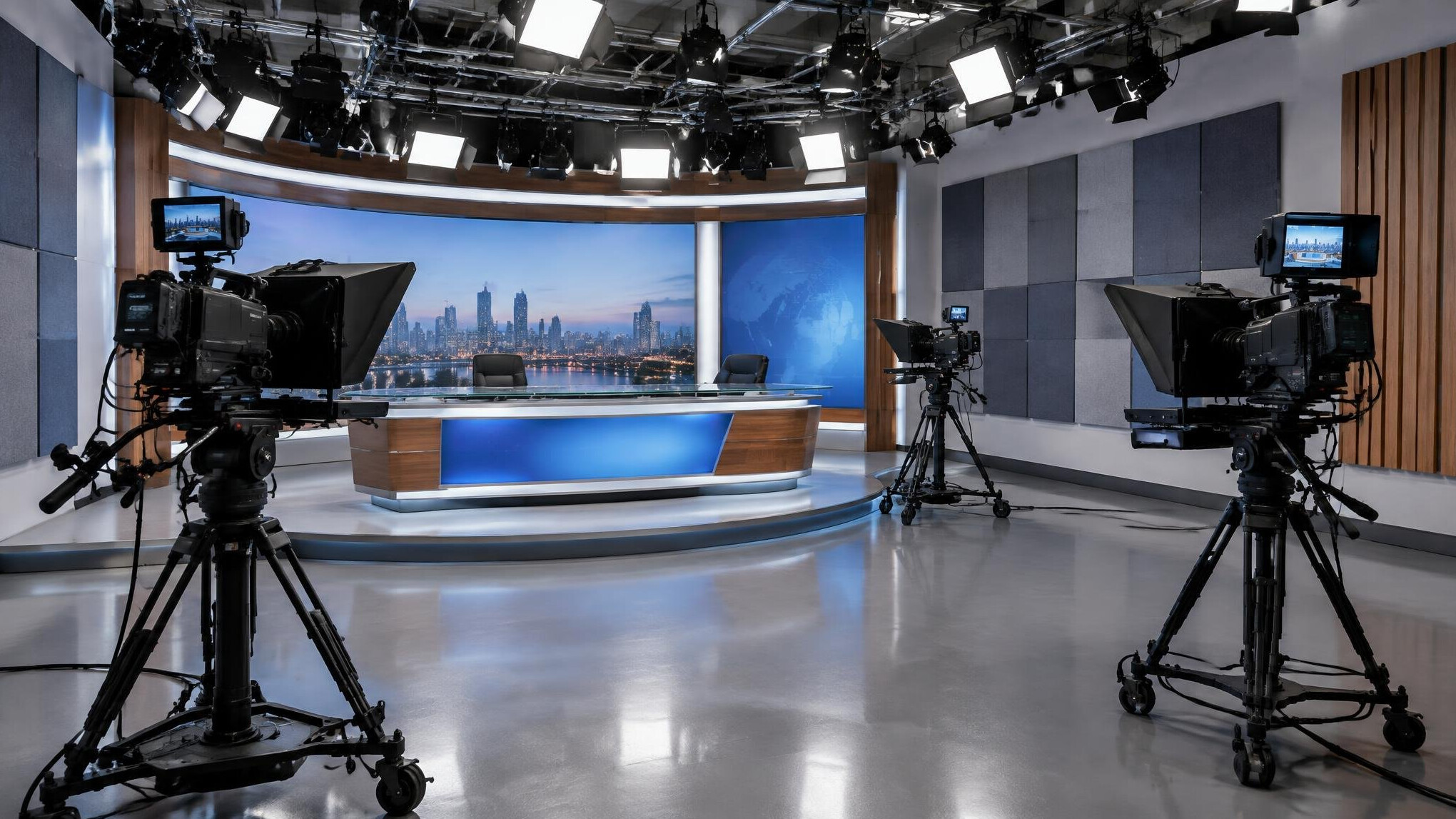 Television studio interior with cameras and lighting rig ready for filming