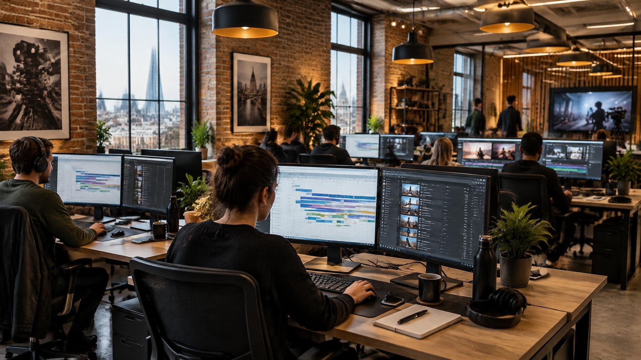 Modern media production office with desks and monitoring equipment