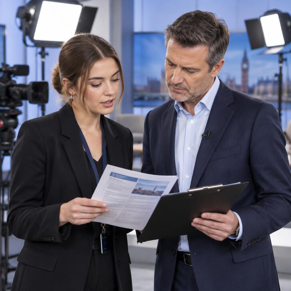 Two media professionals reviewing an interview briefing document together