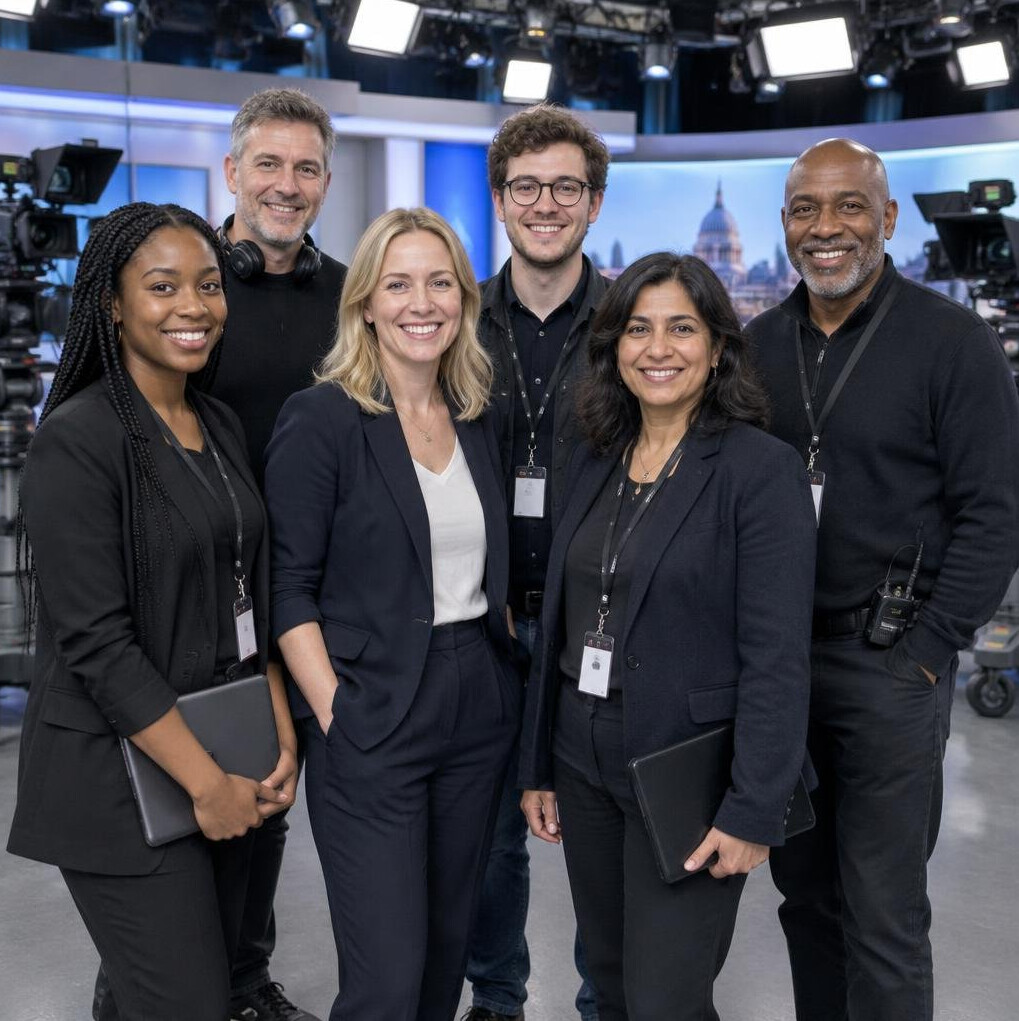 The pressqizo production team standing together in their studio