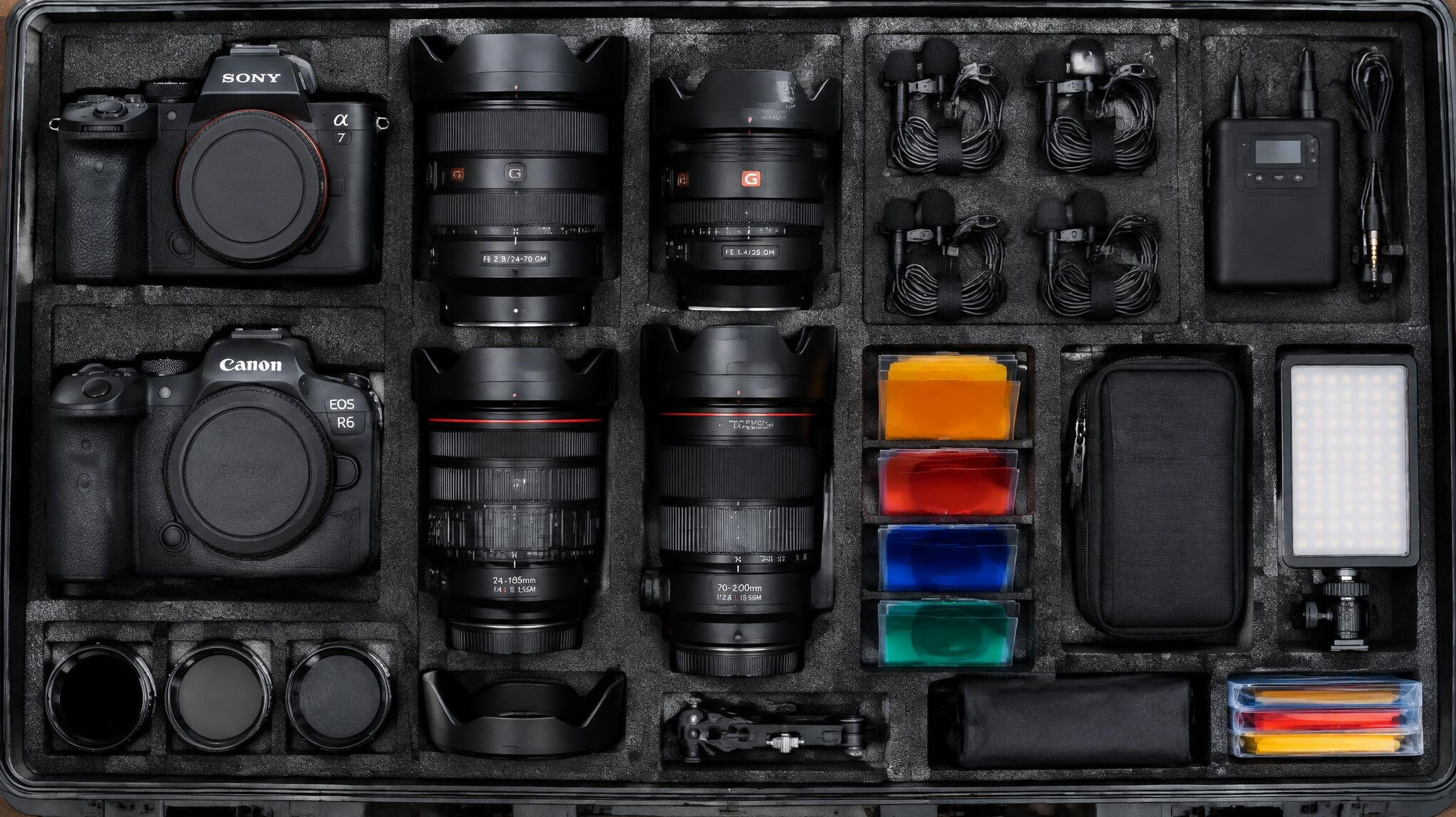 Camera and lighting equipment laid out and prepared for a press shoot